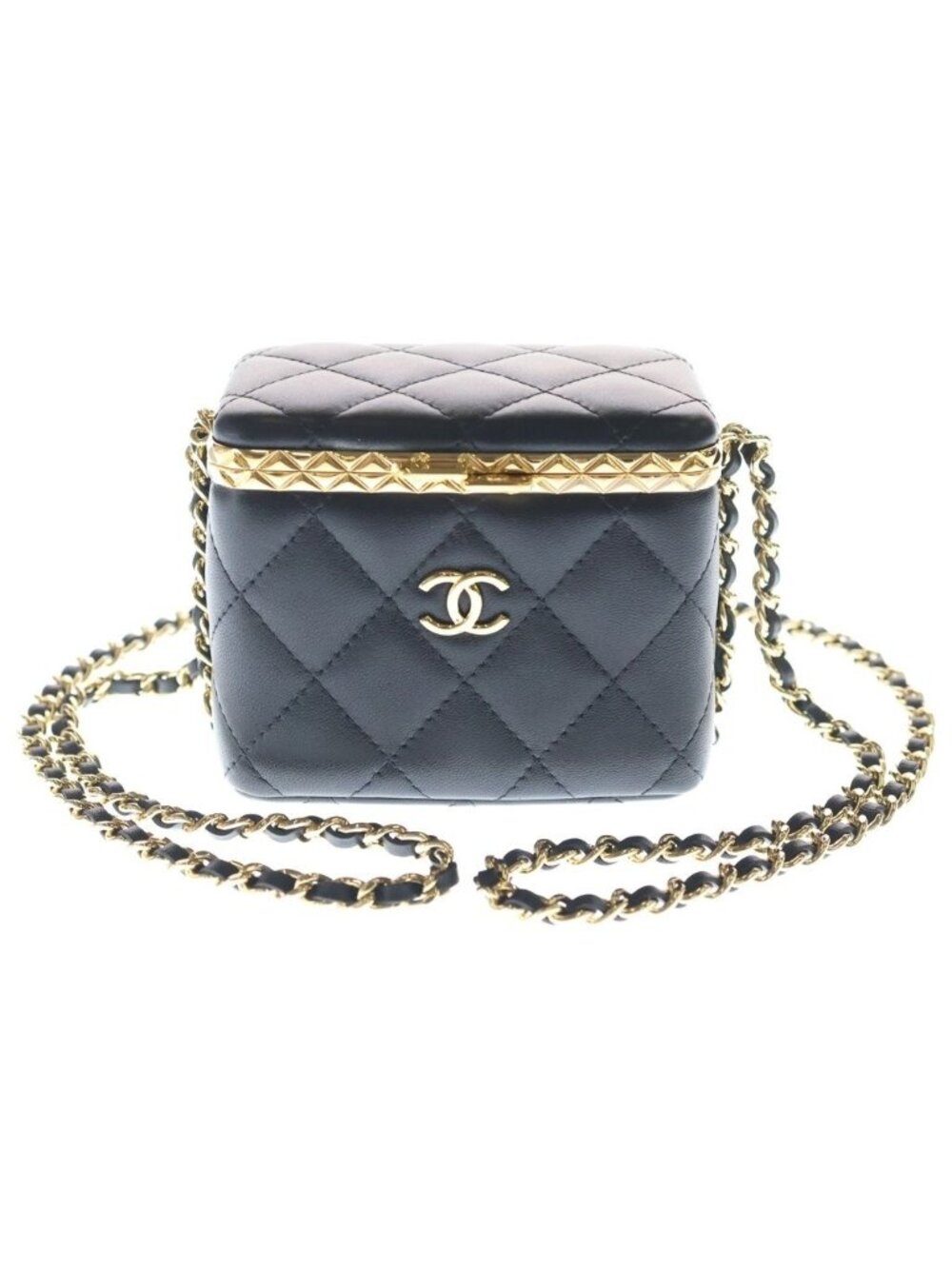 Chanel Quilted Mini Vanity Chain Shoulder Bag Lambskin Leather Gold Black